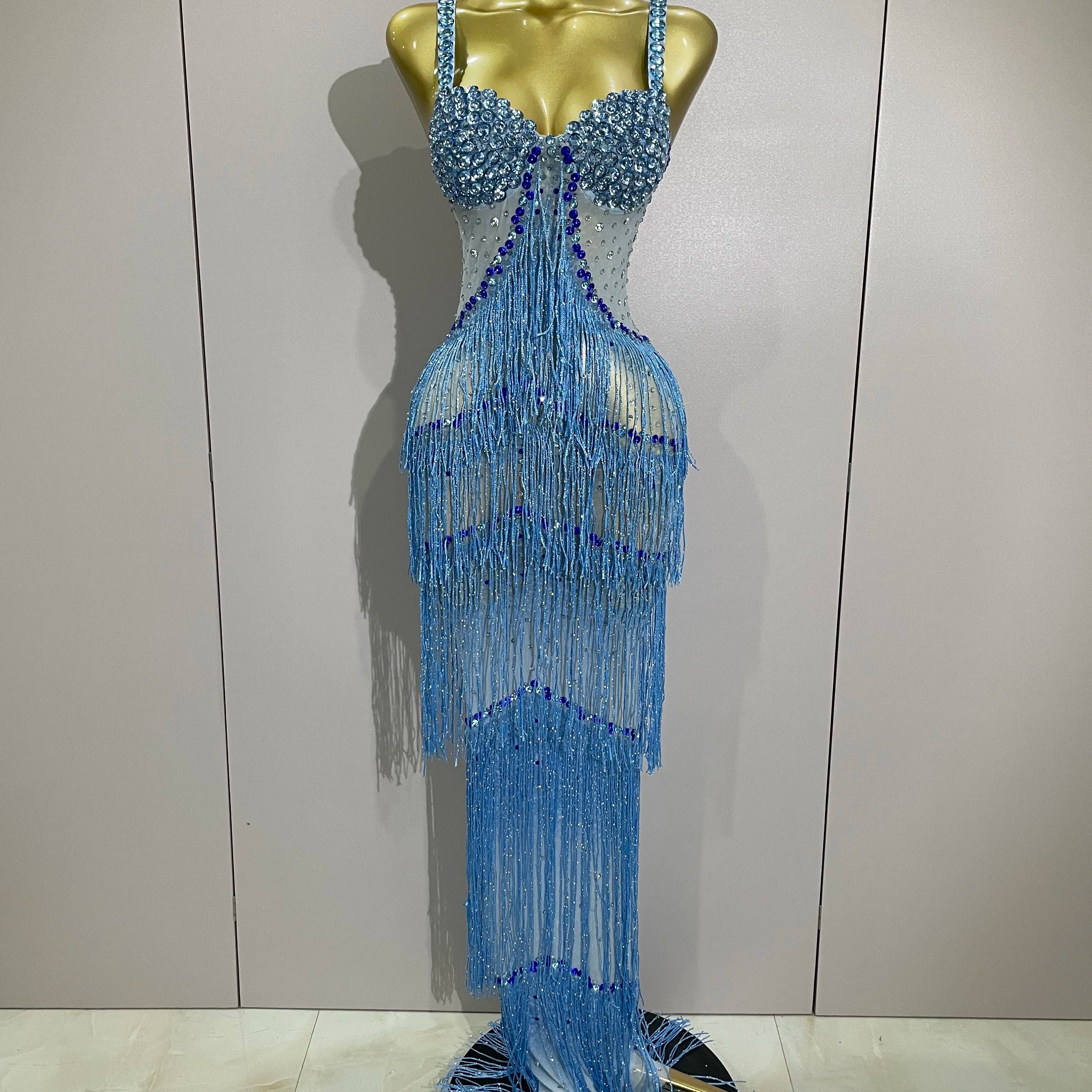2025 Sparkly Rhinestones Tassel sexy Mesh Slip Long Dress Women Celebrate Evening Prom Birthday paty Dress Photoshoot Stage Wear Blue