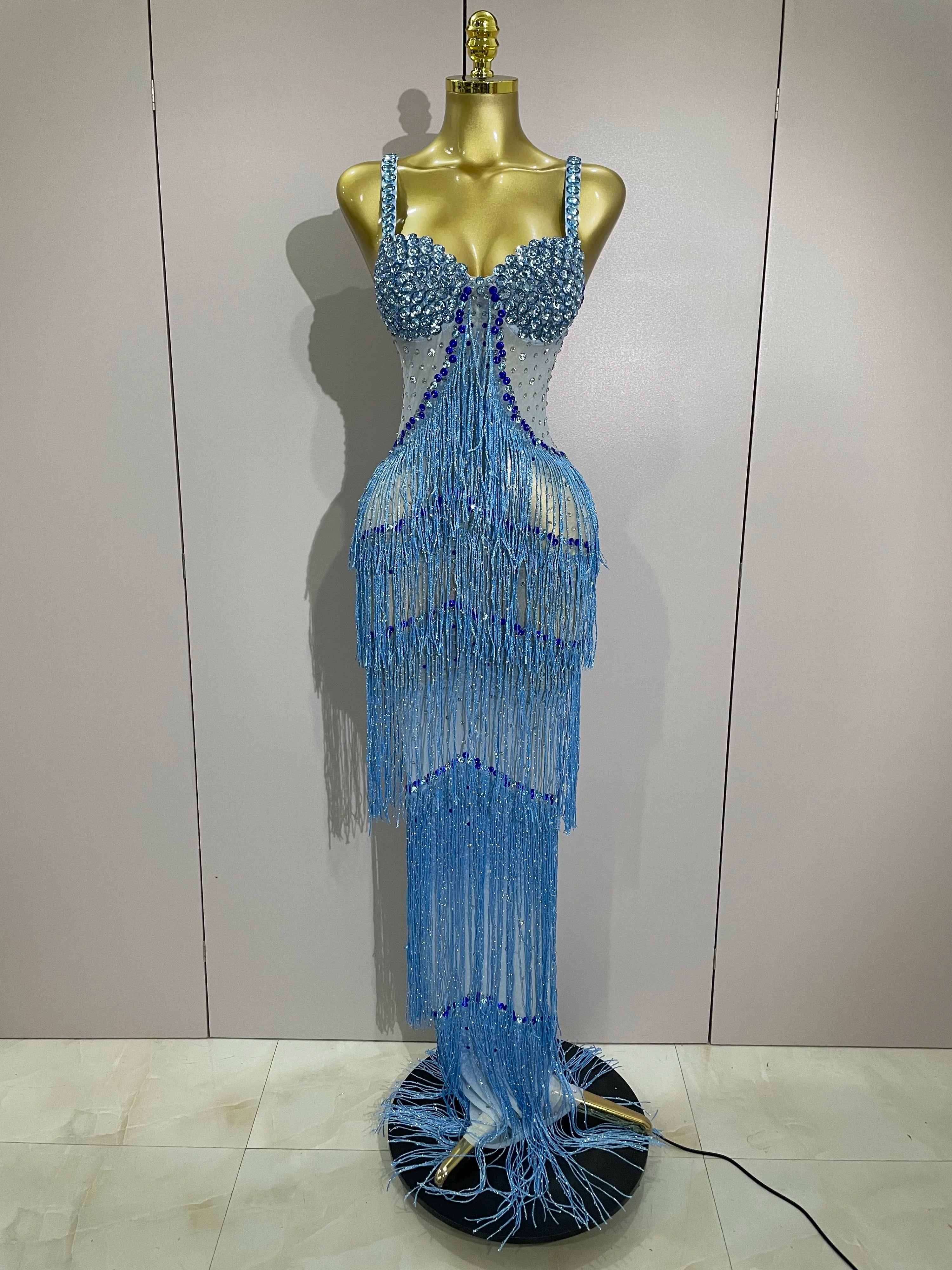 2025 Sparkly Rhinestones Tassel sexy Mesh Slip Long Dress Women Celebrate Evening Prom Birthday paty Dress Photoshoot Stage Wear Blue