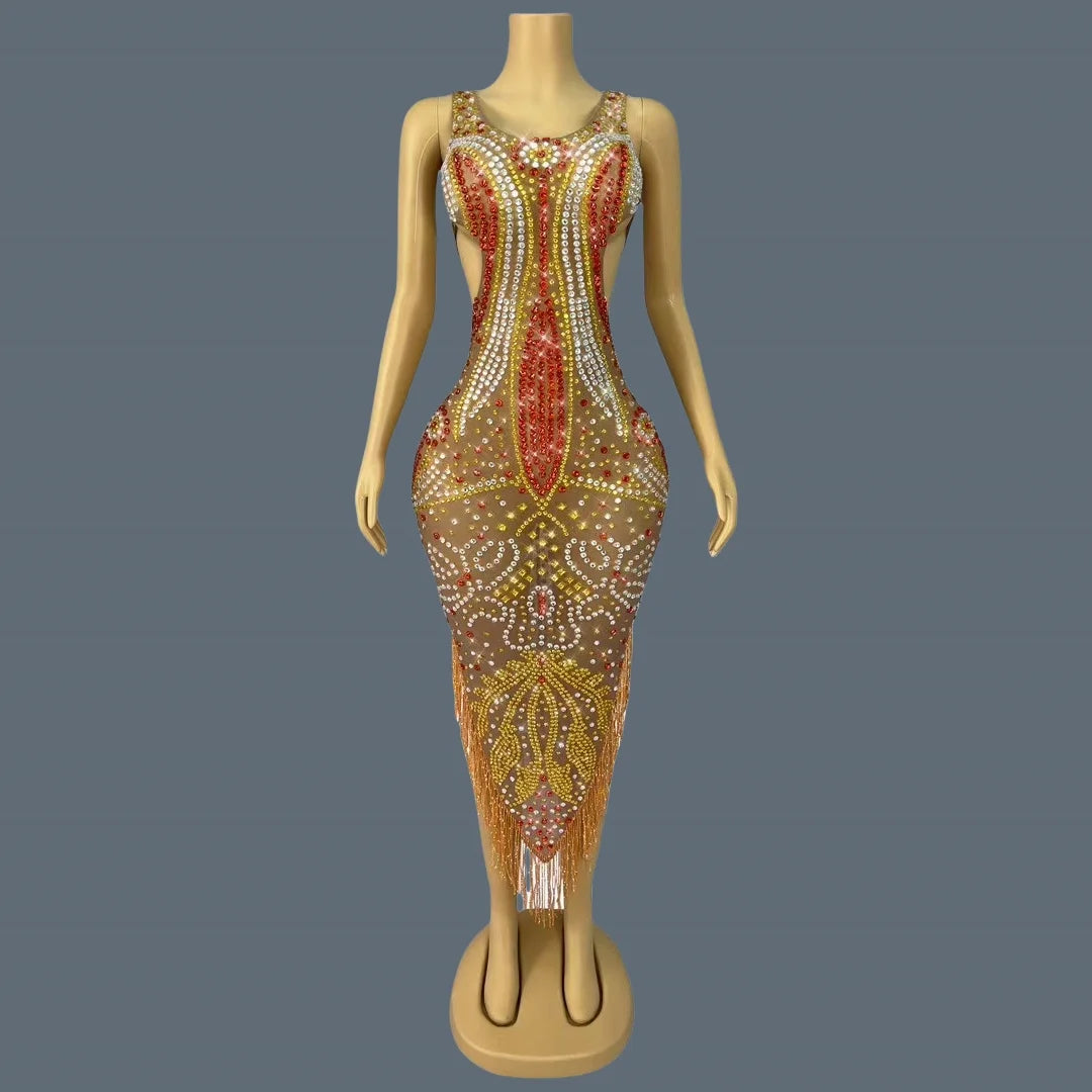 High-end Chic Asymmetrical Long Dress for Women Sparkly Rhinestone Tassel Evening Gown Birthday Queen Ball Dress Jinguangxian AS PHOTO