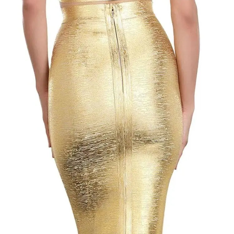 Women Summer Skirt Sexy Black Silver Gold Bronzing Bandage Skirt High Street Designer Skinny Party Midi Pencil Skirts 60cm