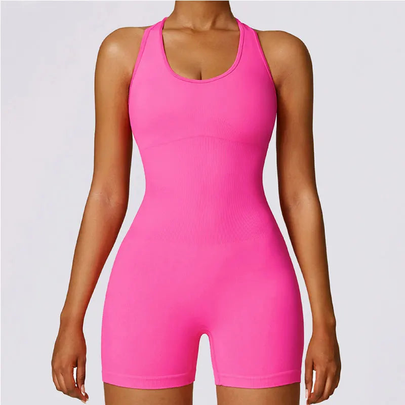 New Yoga Set Seamless Women's Jumpsuits One-Piece Gym Push Up Workout Clothes Fitness Bodysuit Sportswear Tracksuit Short Sleeve rose red2