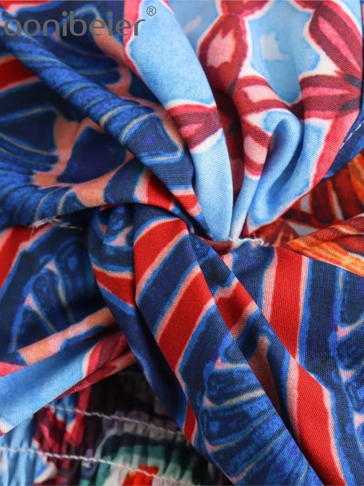 Aonibeier Printed Women Slim Shirt Wide Pants Suits Traf Summer Flare Sleeve Knot Front V Neck Crop Top Female Sets Y2K Outfits