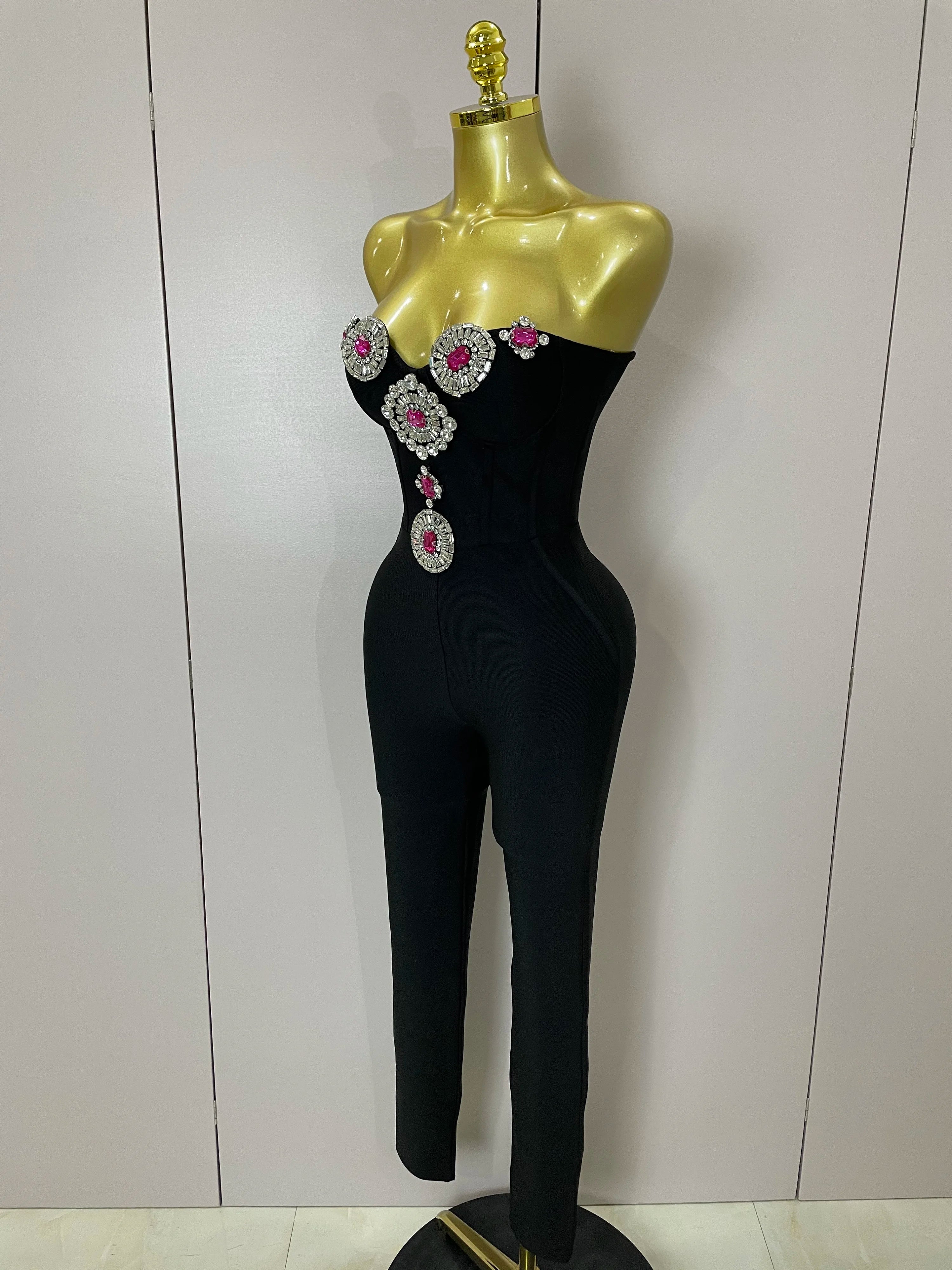 Luxury Sexy Strapless Backless Crystal Diamonds Black Bodycon Bandage Jumpsuit 2025 Women Celebrity Designer High Street Rompers