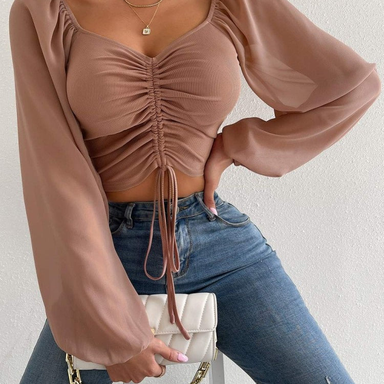 Sexy V-neck Women T Shirt Casual Drawstring Crop Tops Tee Ladies Blusas Summer Short Tshirt Woman Clothes Long Sleeve T Shirt coffee
