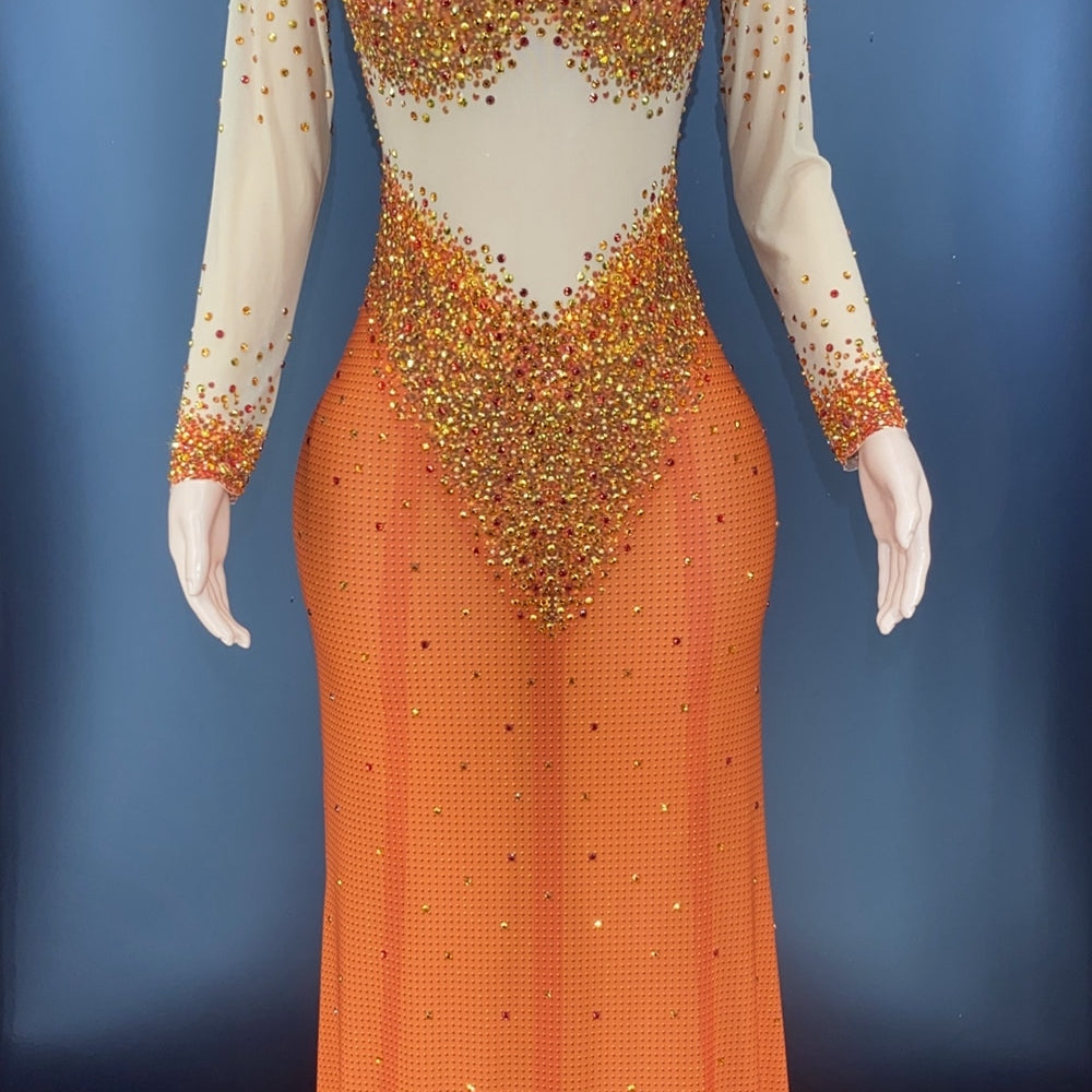 Sparkly Rhinestones Long Sleeves Mesh Transparent Dress Birthday Celebrate Gown Outfit Women Sexy Evening Prom Party Dress Orange