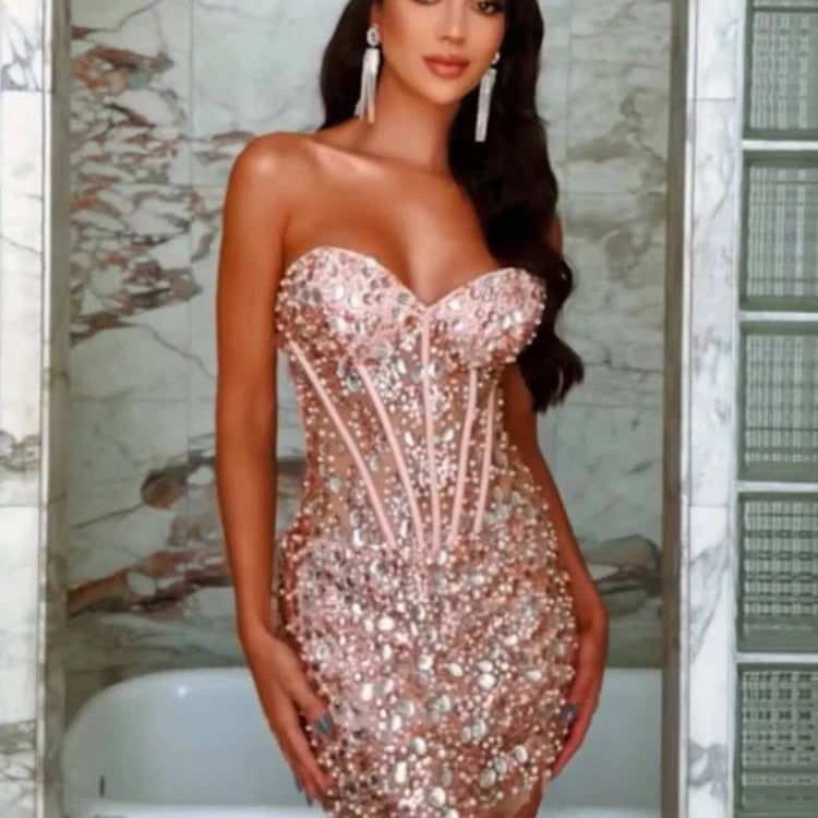 Sweetheart Beaded Sequins Sparkly Sheath Short Dress Strapless Tube Crystals Embellished Cocktail Party Evening Outfits