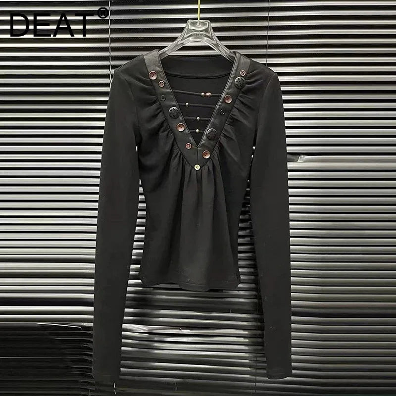 Autumn Winter New Handmade Button Decorated T-Shirt For Women Casual Fashion Versatile Base Layer V-Neck Top 11A07904