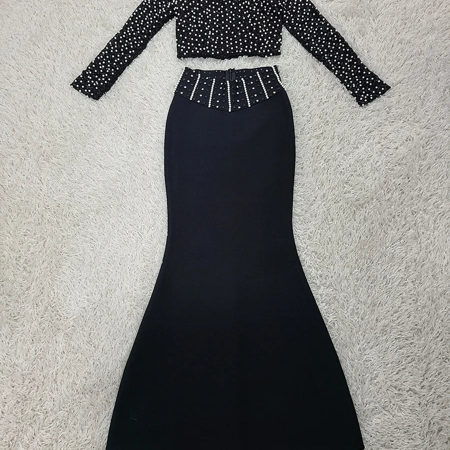 Women Long Sleeve Sexy Beading Tops 2 Pieces Bodycon Bandage Skirt Set Elegant Evening Party Celebrate Outfit
