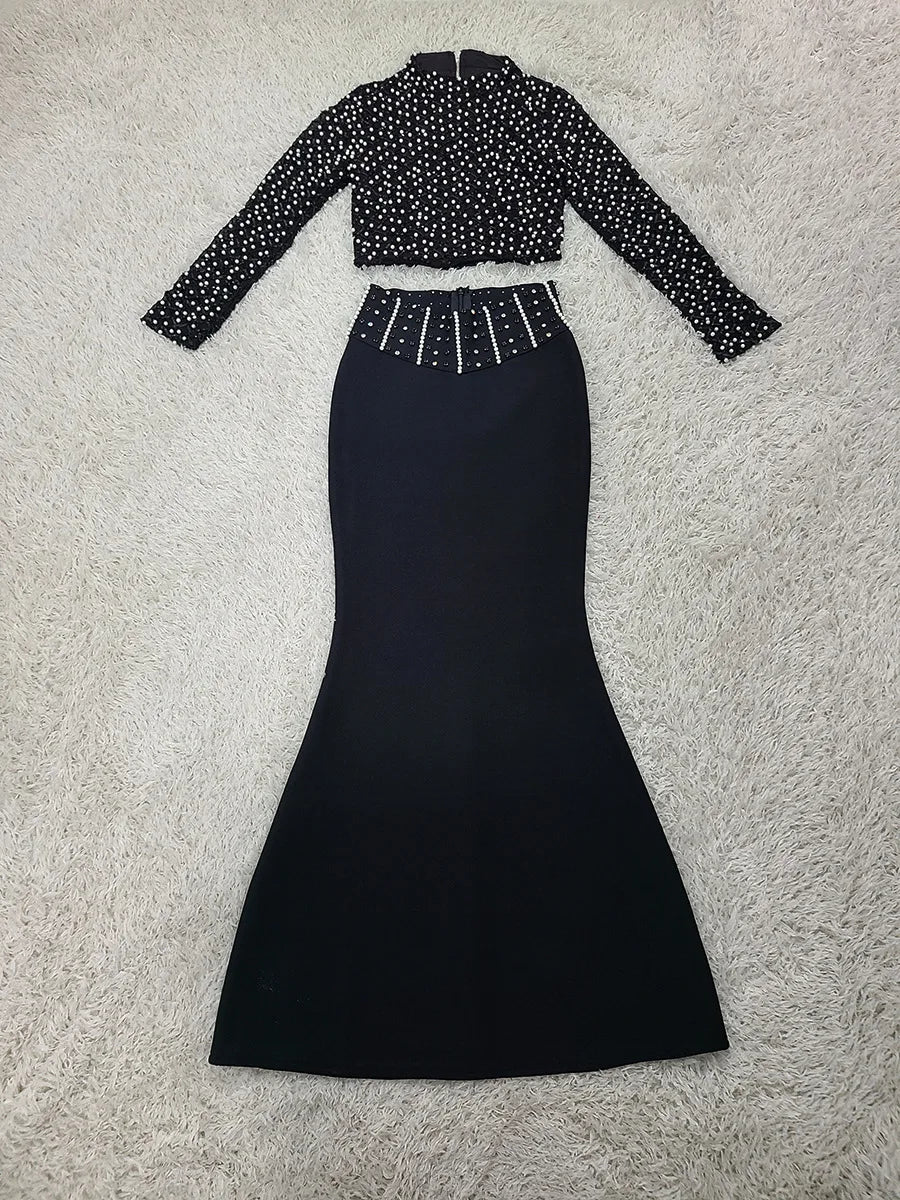 Women Long Sleeve Sexy Beading Tops 2 Pieces Bodycon Bandage Skirt Set Elegant Evening Party Celebrate Outfit