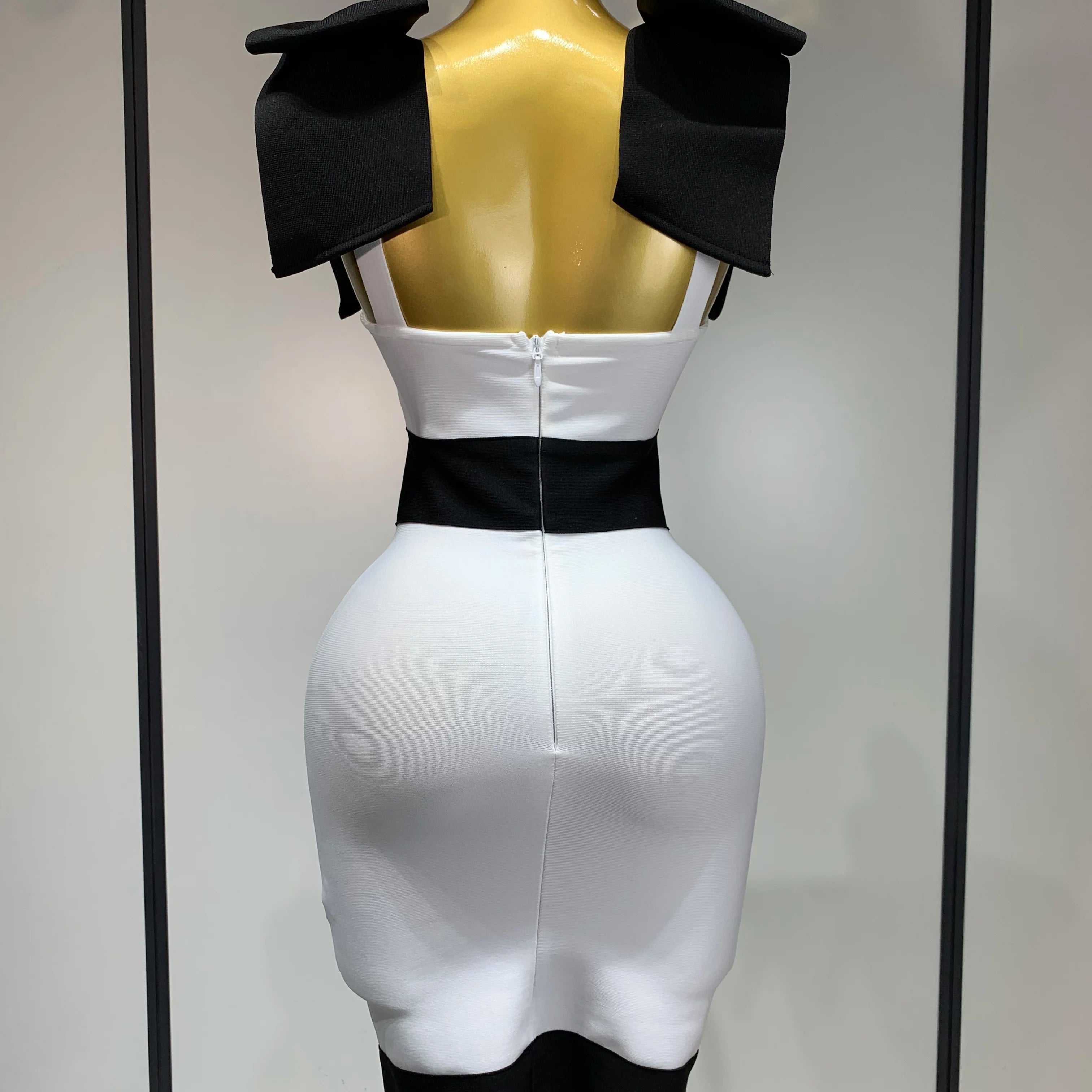 Women Sexy Bow Tie Black White Patchwork Bodycon Bandage Dress 2025 Celebrity Elegant Evening Club Party Birthday Dresses