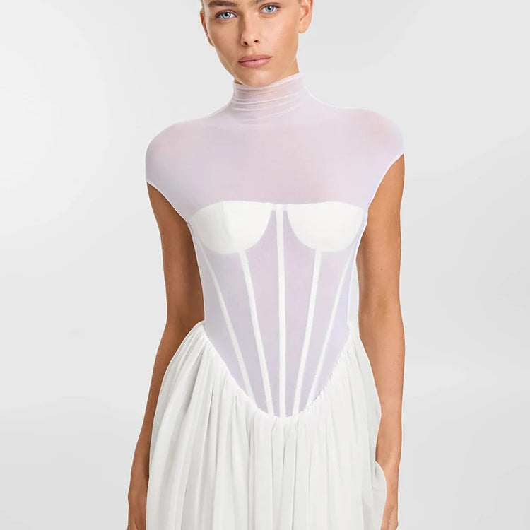 Romantic Ethereal High-Neck Bridal-Inspired Sheer White Maxi Dress for Wedding Party Evening Gown