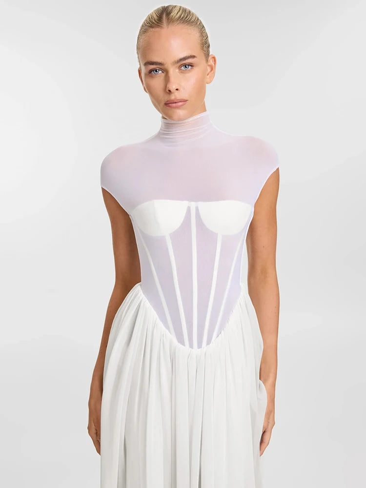 Romantic Ethereal High-Neck Bridal-Inspired Sheer White Maxi Dress for Wedding Party Evening Gown