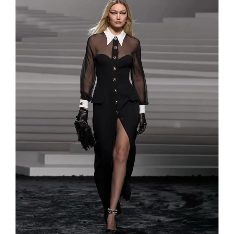 2024 New Golden Buttons White Collar Mesh Patchwork Bandage Long Dress Elegant Woman Evening Party Dress Fashion Party Outfit