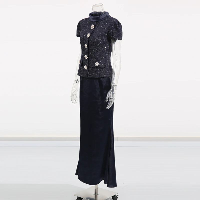 Solid Slimming Two Piece Sets for Women Round Neck Short Sleeves Spliced Button Top High Waist Skirt Set Female New