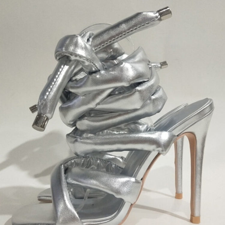 Summer New Square Head Slim High Heel Sandals Wrapped Around The Feet Fashion Show Dress 43 Large Women's Sandals Silver