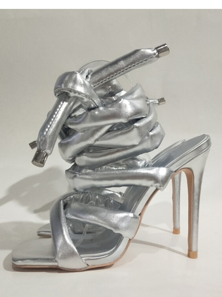 Summer New Square Head Slim High Heel Sandals Wrapped Around The Feet Fashion Show Dress 43 Large Women's Sandals Silver