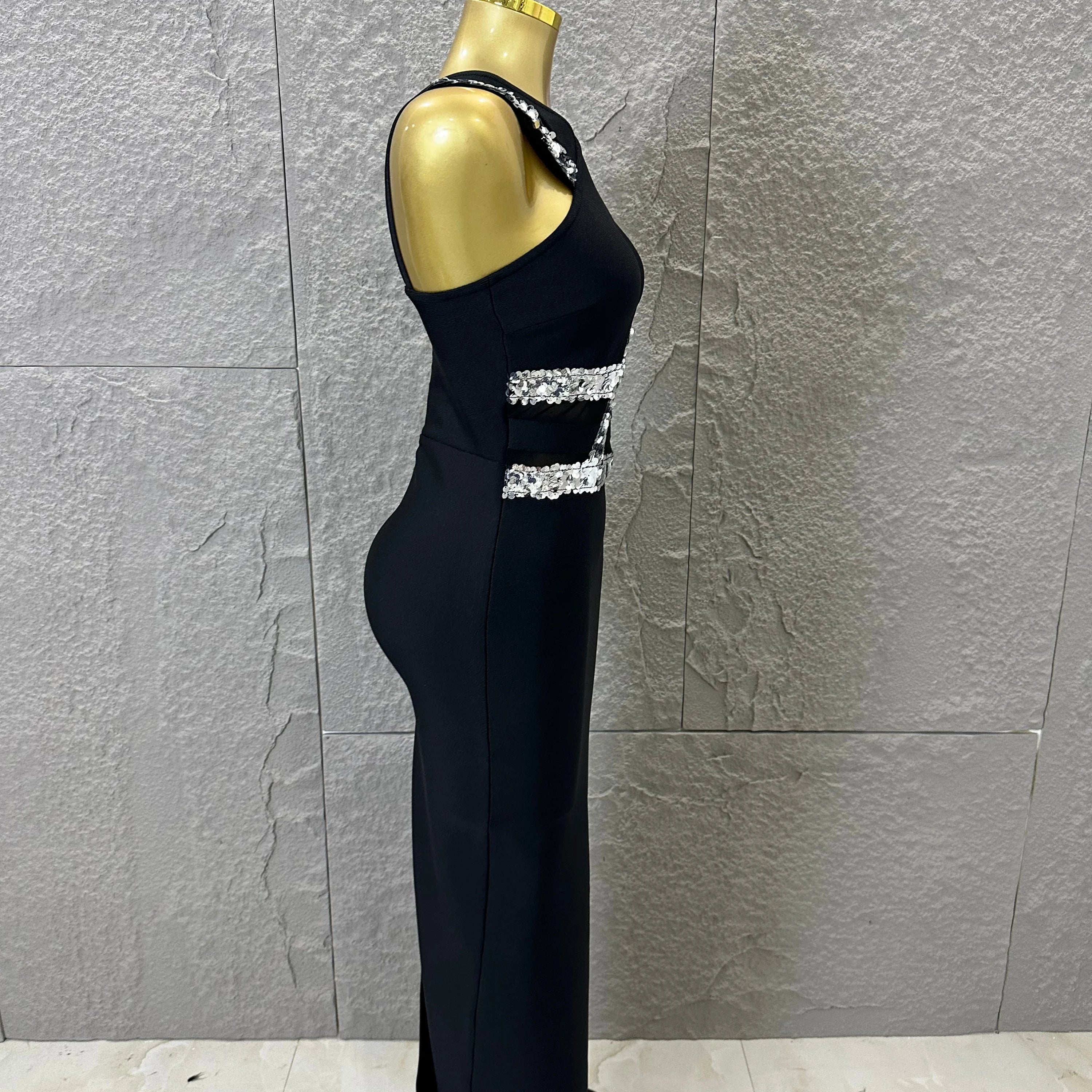 Elegant Black Halter Neck Maxi Dress Women Sexy Crisscross Crystal Embellished Sheer Mesh Cutout Waist Form-Fitting Outfit