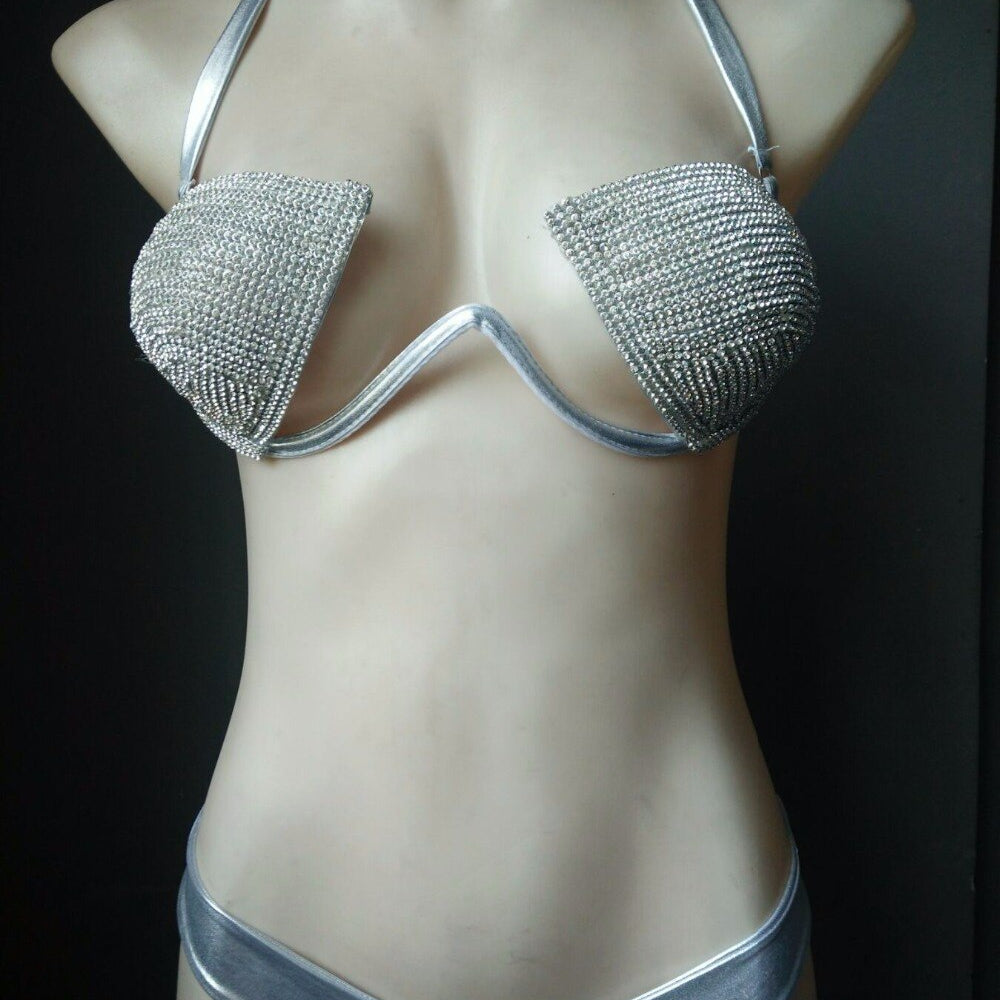 Sexy Crystal Diamond Triangle Bikini Rhinestone Push Up Women’s Swimwear Shiny Gathered Thong Swimsuit