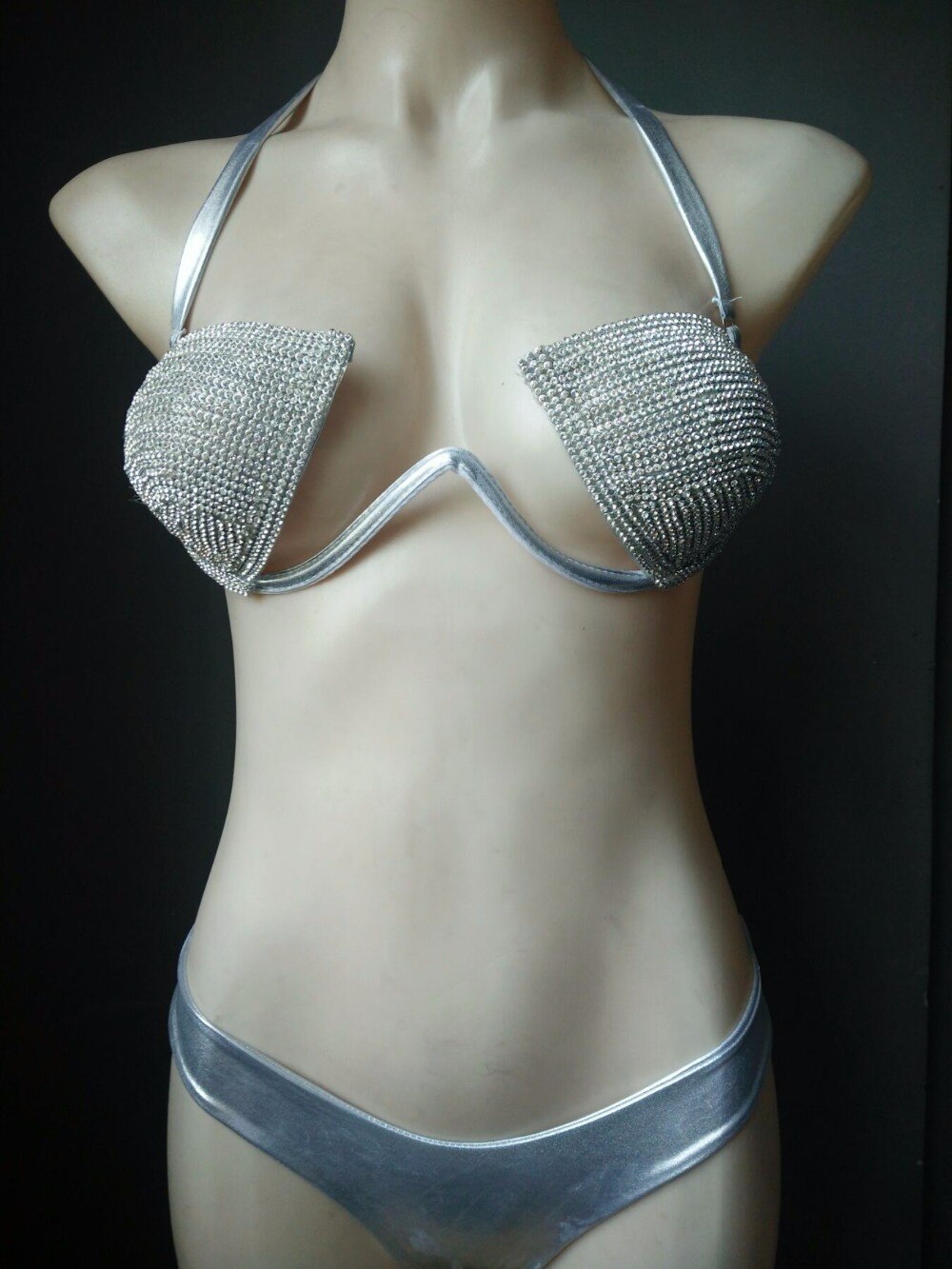 Sexy Crystal Diamond Triangle Bikini Rhinestone Push Up Women’s Swimwear Shiny Gathered Thong Swimsuit