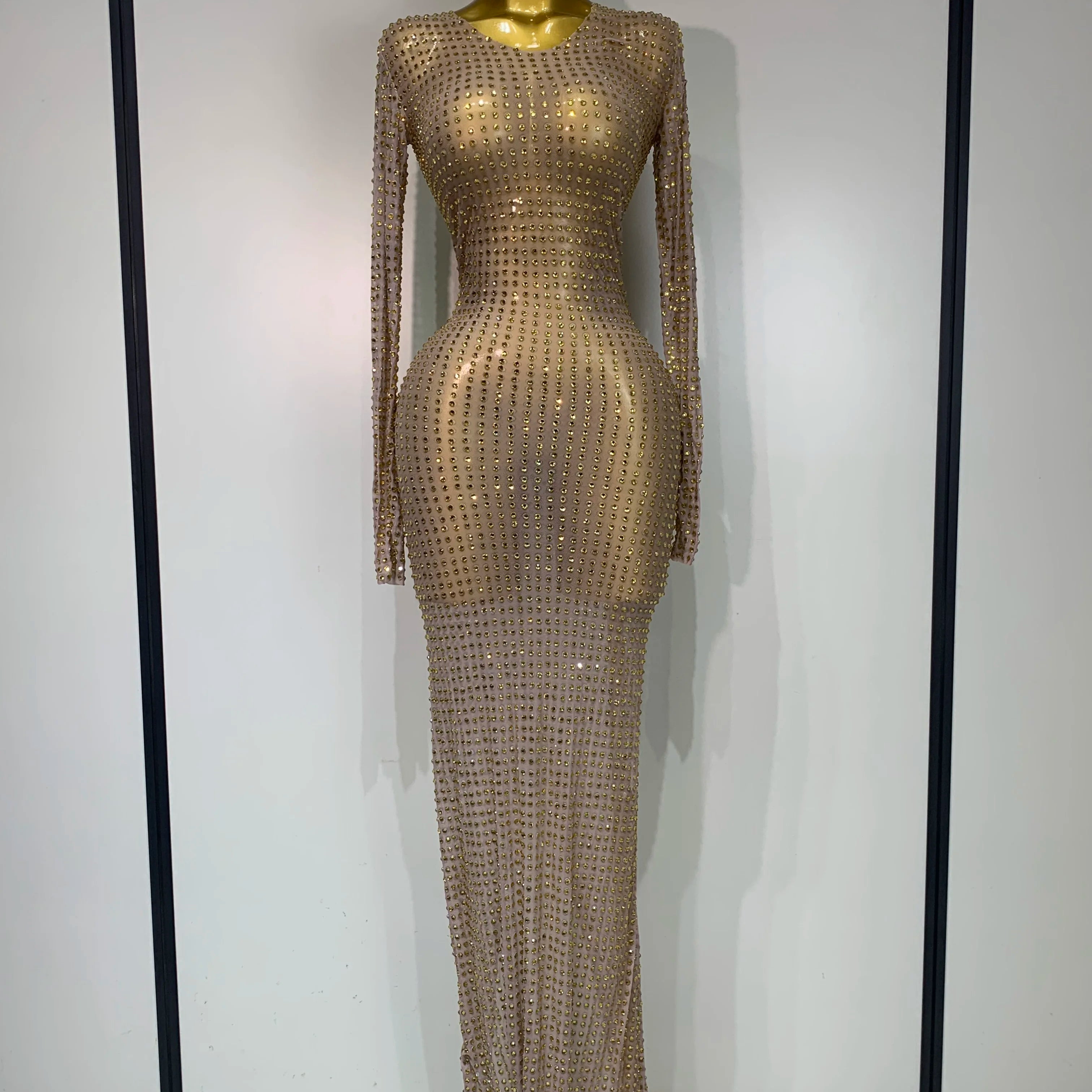 Sparkly Rhinestone Elegant Party Long Dress Celebrity Evening Luxury Birthday Nightclub Prom Gown Singer Dancer Stage Outfit Gold