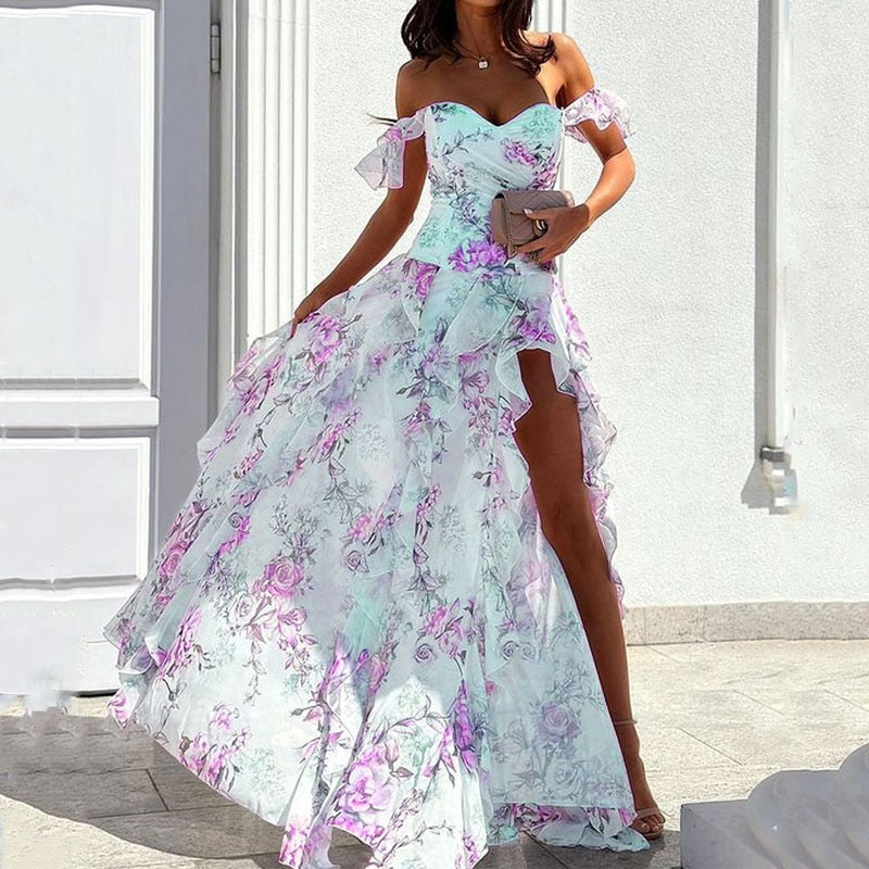 Wefads Women Maxi Dress Summer Elegant Floral Printed Off Shoulder V Neck Slit Ruffled Irregular Nipped Waist Dresses Streetwear 03