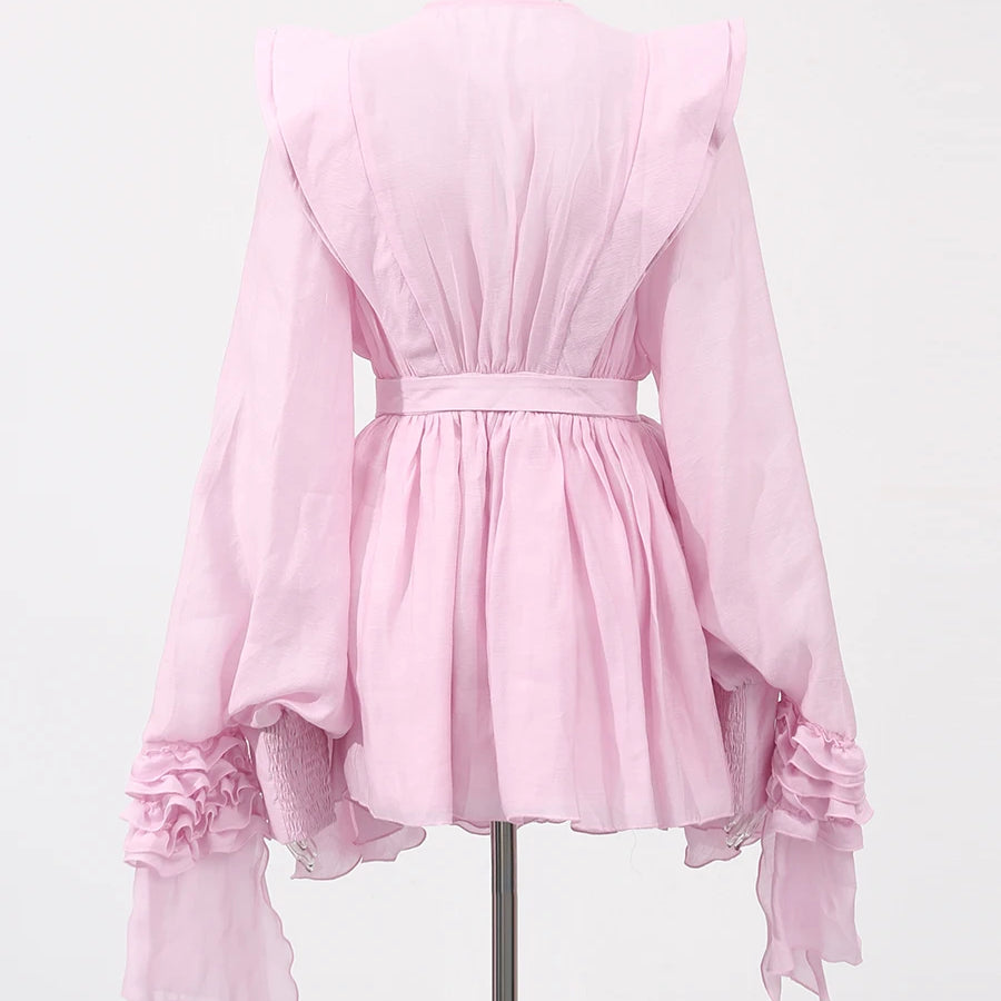 Slimming Spliced Ruffles Folds Dresses for Women Round Neck Long Sleeves Patchwork Button Dress Female Fashion New