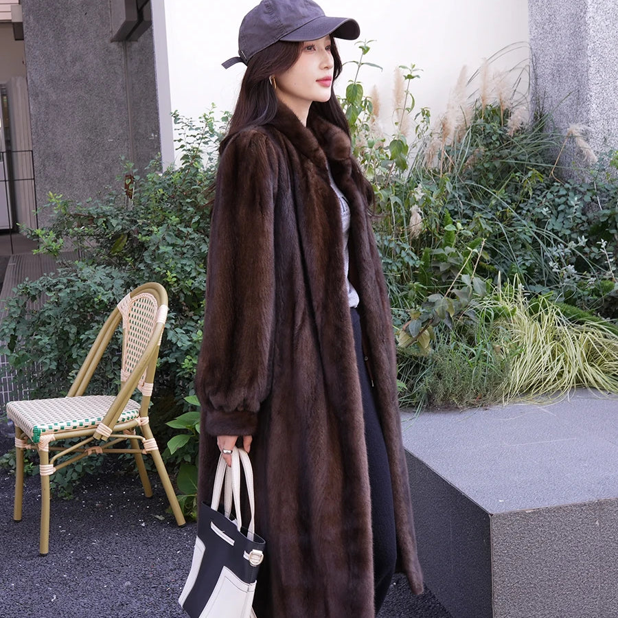 Lautaro Winter Long Luxury Elegant Stylish Thick Warm Fluffy Soft Brown Faux Mink Fur Coat Women Puff Sleeve Stand Collar 2025