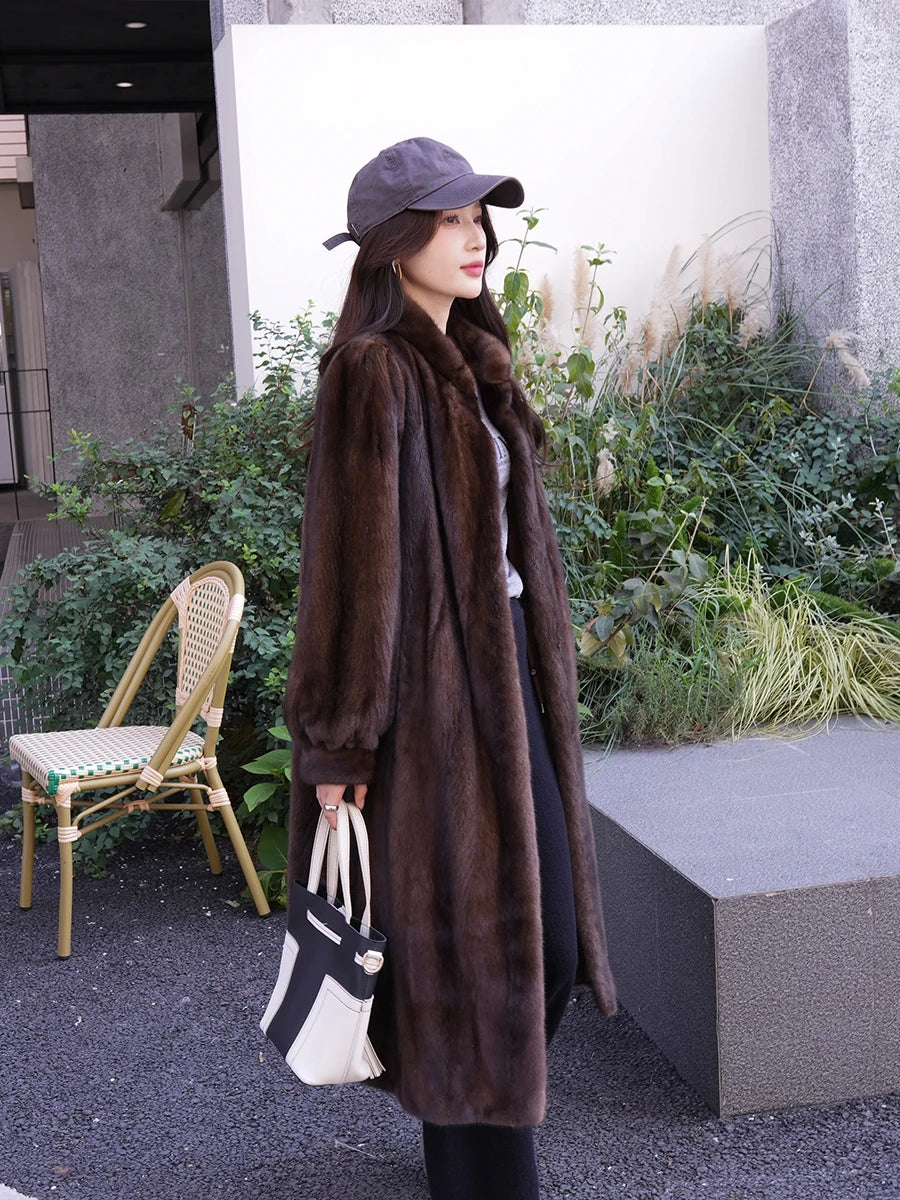 Lautaro Winter Long Luxury Elegant Stylish Thick Warm Fluffy Soft Brown Faux Mink Fur Coat Women Puff Sleeve Stand Collar 2025