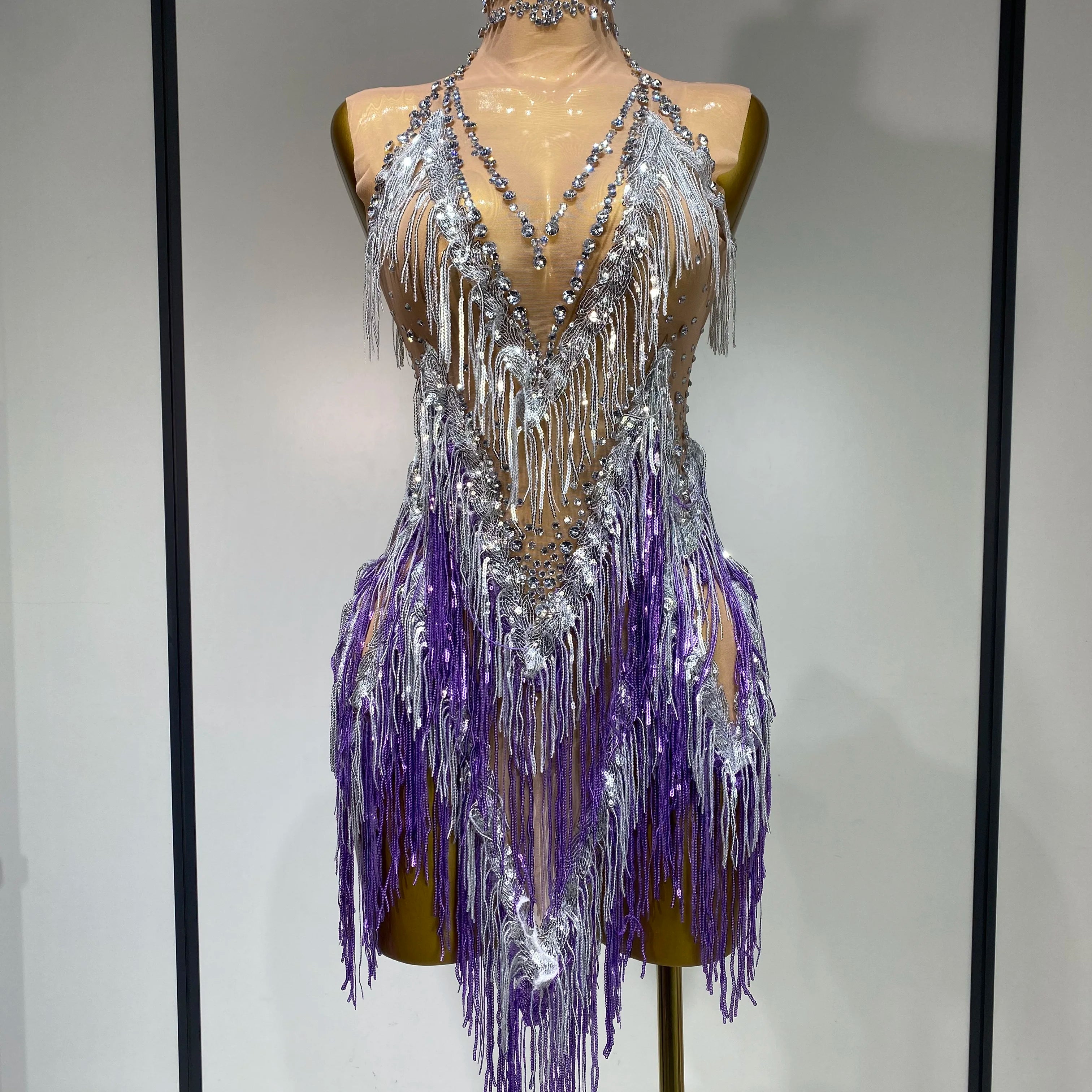 Luxury Rhinestone Tassel Sexy Women Short Latino Dance Dress Birthday Nightclub Bar Sleeveless Sparkly Performance Stage Outfit PURPLE