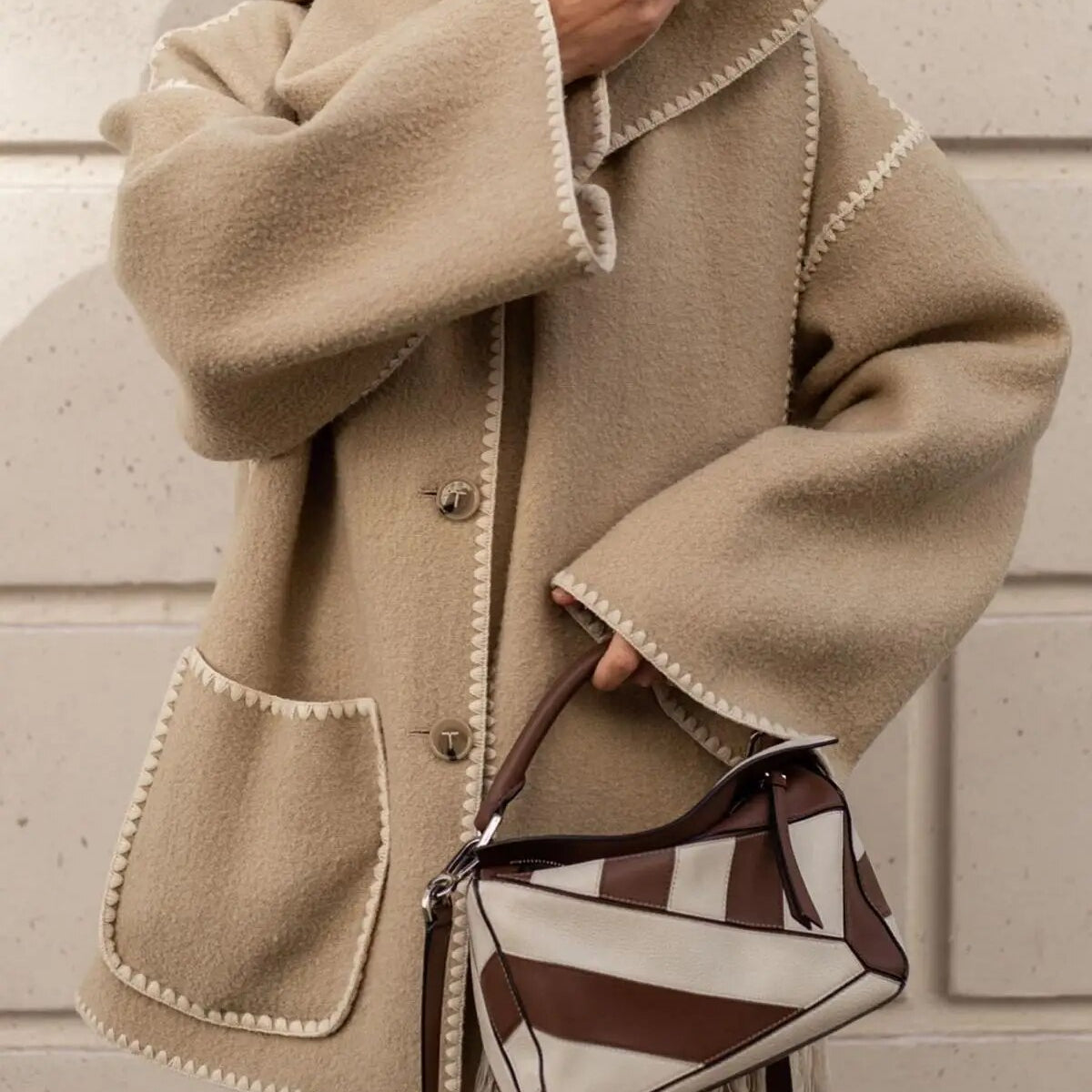 Women Woolen Coats with Tassel Scarf Autumn Winter Long Sleeve Single Breasted Warm Jackets Embroidery Pocket High Street Tops