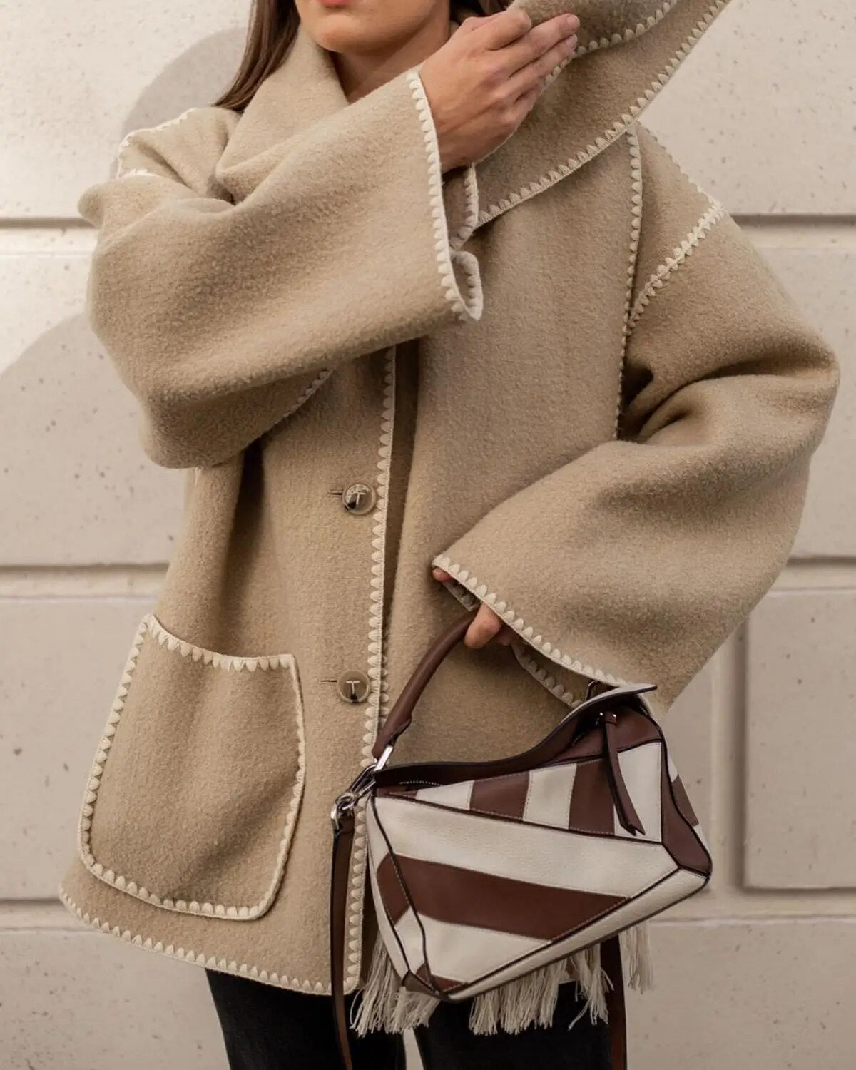 Women Woolen Coats with Tassel Scarf Autumn Winter Long Sleeve Single Breasted Warm Jackets Embroidery Pocket High Street Tops