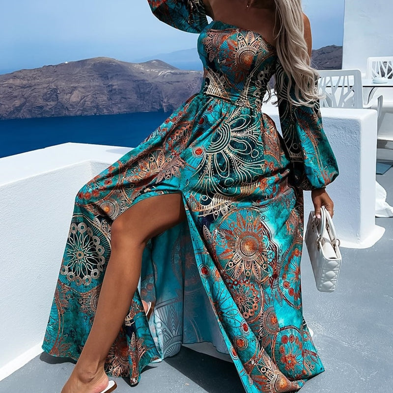 Summer Women Fashion Vacation Beach Dress Long Sleeve Loose Tribal Print Off Shoulder Corset Slit Holiday Maxi Dresses
