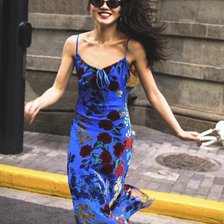 Blue Sexy Spaghetti Strap Party Women Dress Chic Backless Floral Printed Midi Velvet Drawstring Sling Cocktail Party Gowns