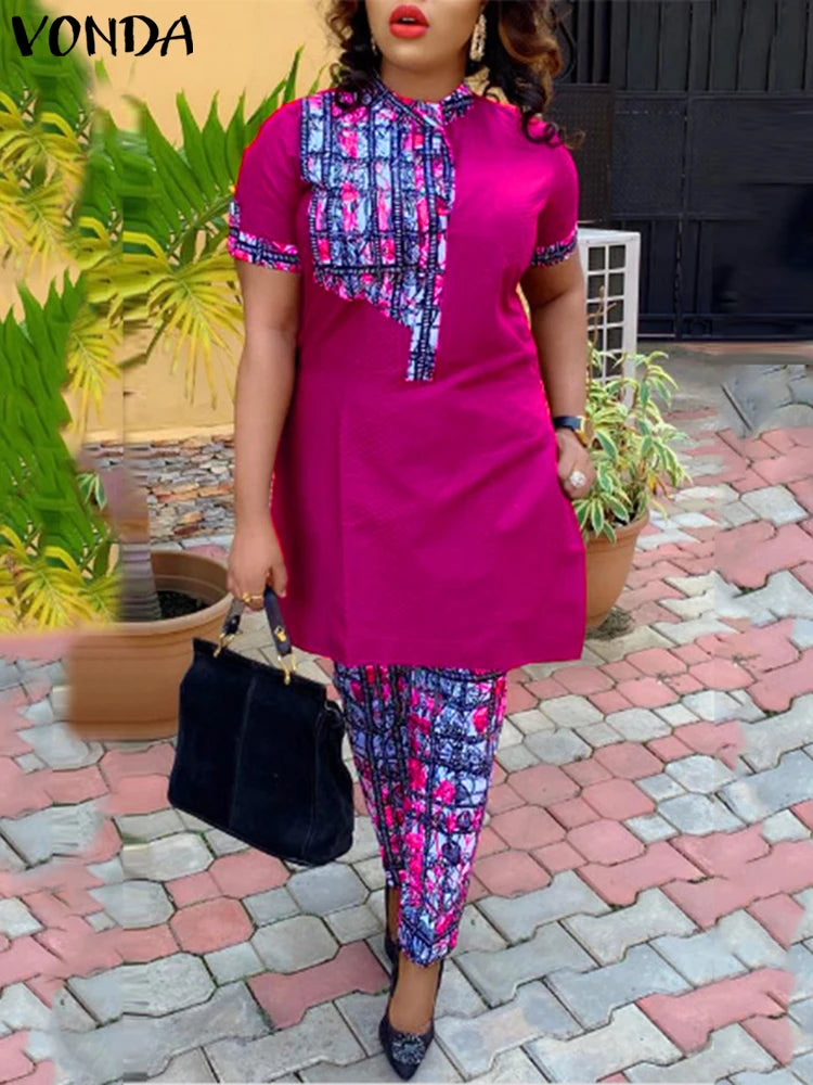 Plus Size 5XL VONDA Women Sets 2025 Summer Vintage Printed Pant Suits Casual Stand Collar Short Sleeve Tops Long Pants Sets Rose