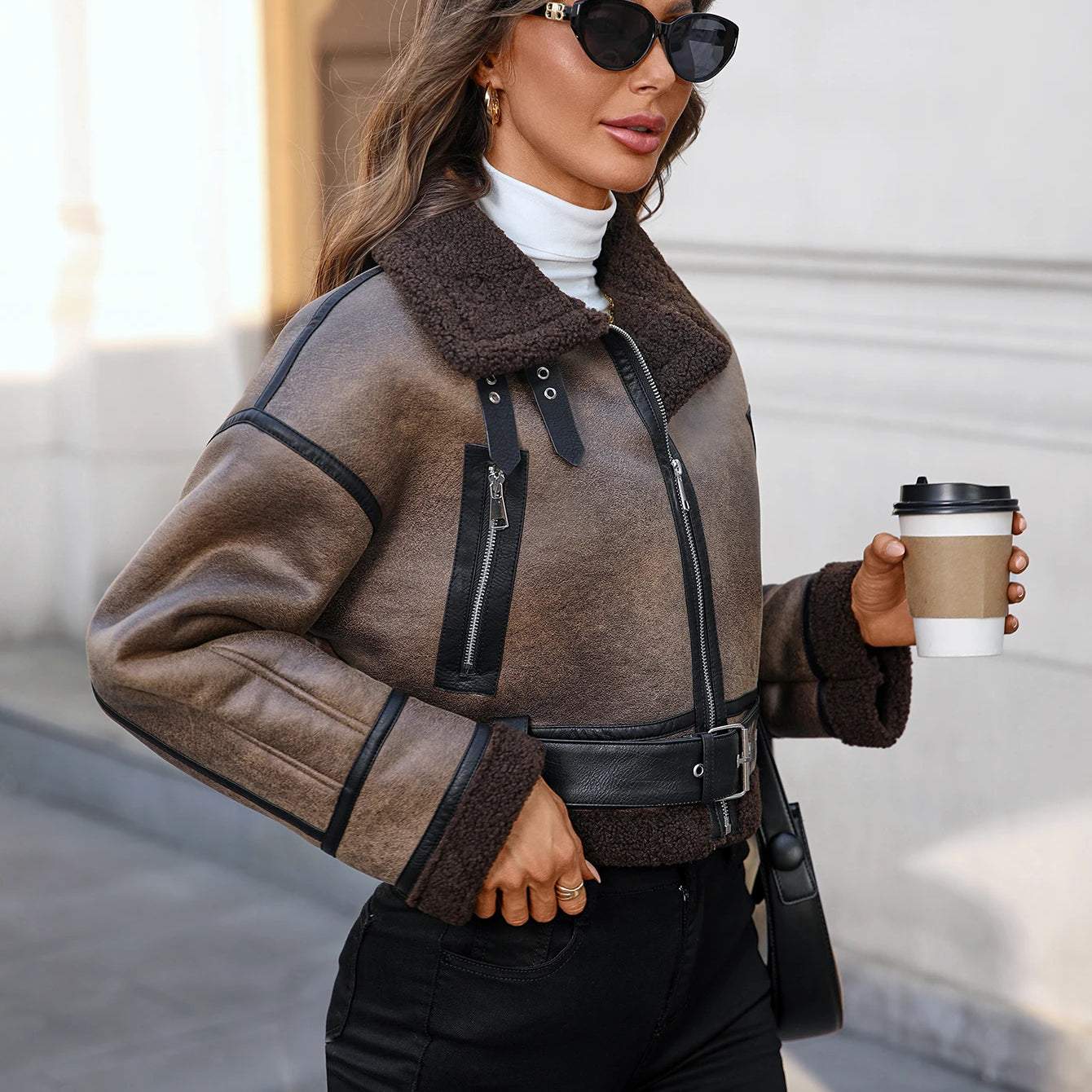 Women's Faux Leather Sherpa Motor Jacket Bomber Aviator Cropped Coat