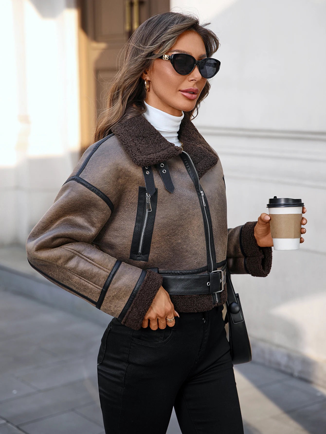 Women's Faux Leather Sherpa Motor Jacket Bomber Aviator Cropped Coat