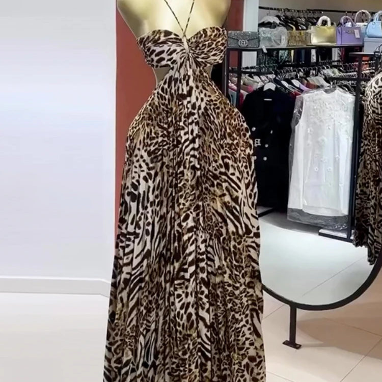 Elegant Women Leopard Print Sleeveless Strapless Floor-Length Long Dress 2025 Beach Party Birthday Sexy Pleated Dresses