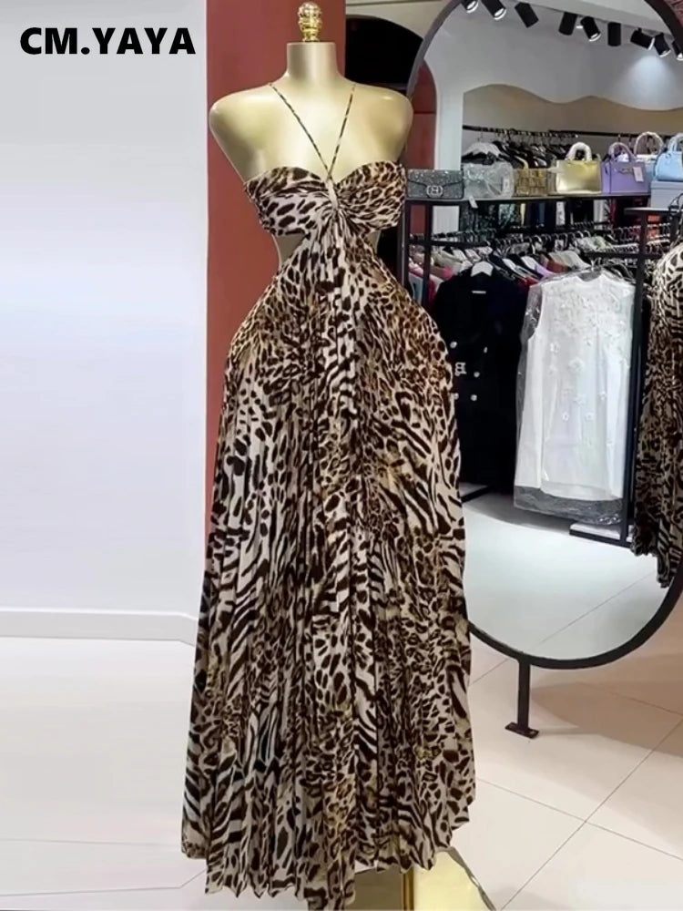 Elegant Women Leopard Print Sleeveless Strapless Floor-Length Long Dress 2025 Beach Party Birthday Sexy Pleated Dresses