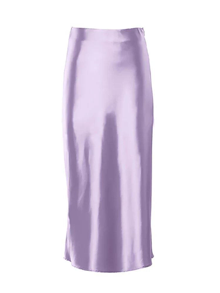 Mnealways18 Solid Purple Satin Silk Skirt Women High Waisted Summer Long Skirt New Elegant Ladies Office Skirts Midi Spring Purple