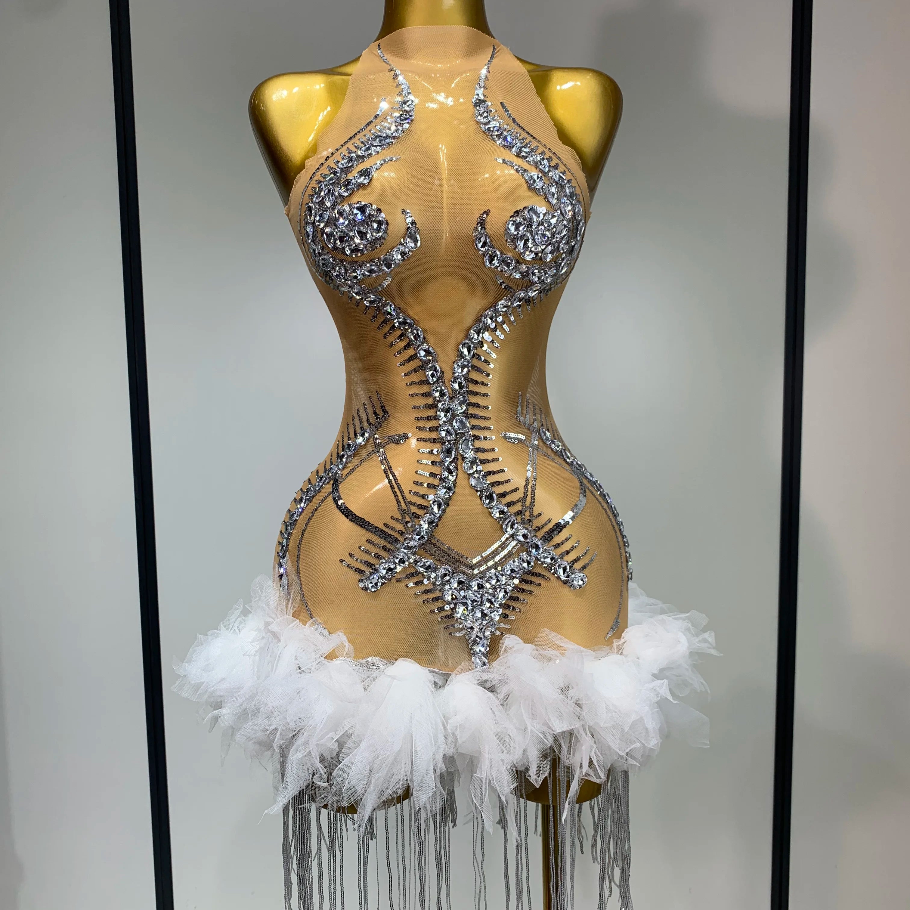 Luxury Party Cocktail Short Dress Women Mesh Sexy See Through Rhinestones Tassel Dress Nightclub Perform Singer Stage Costume Beige