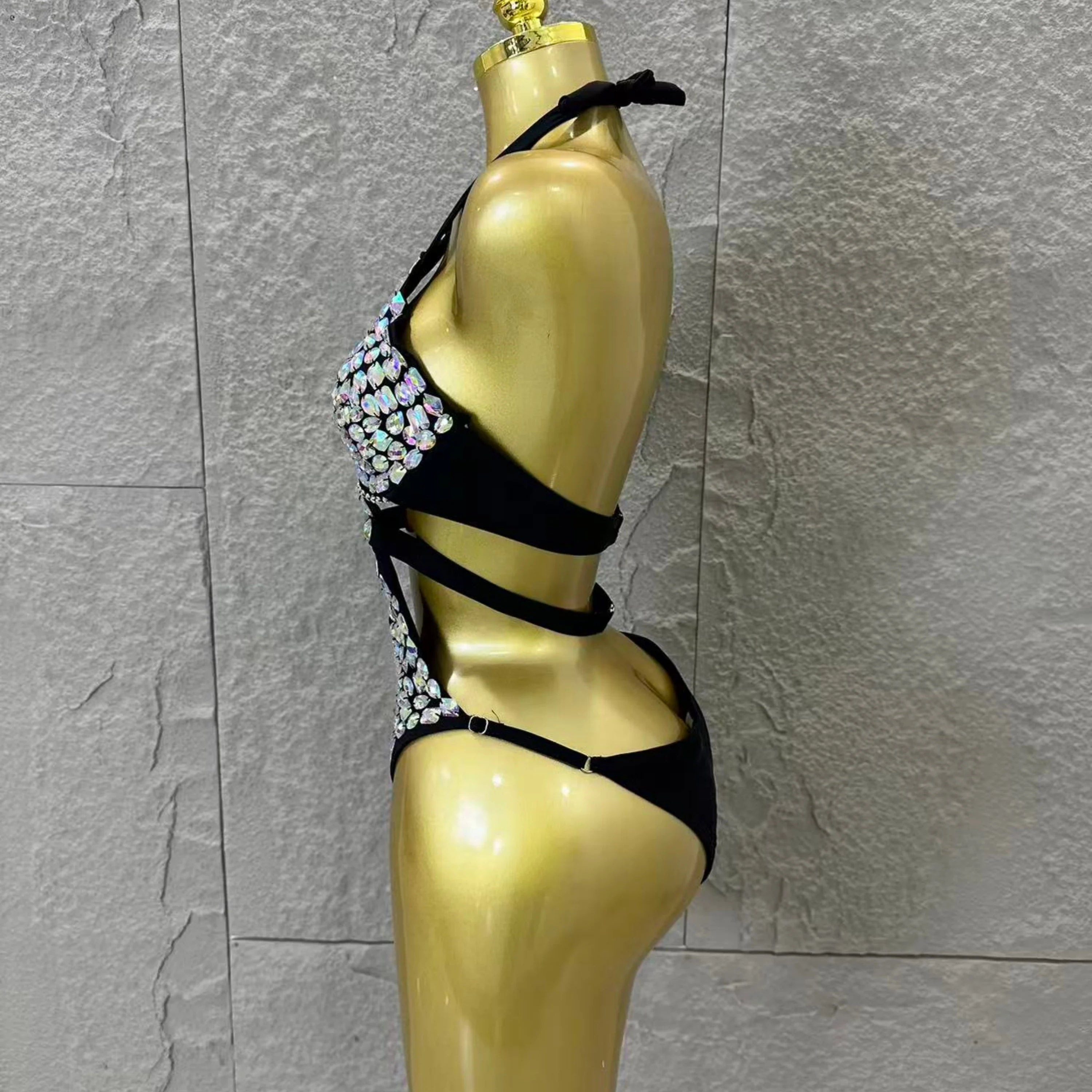 2026 Luxurious Black Bodysuit Women Sexy Halter Neck Iridescent Crystal Embellished Cutout Outfit Stage Performance Costume