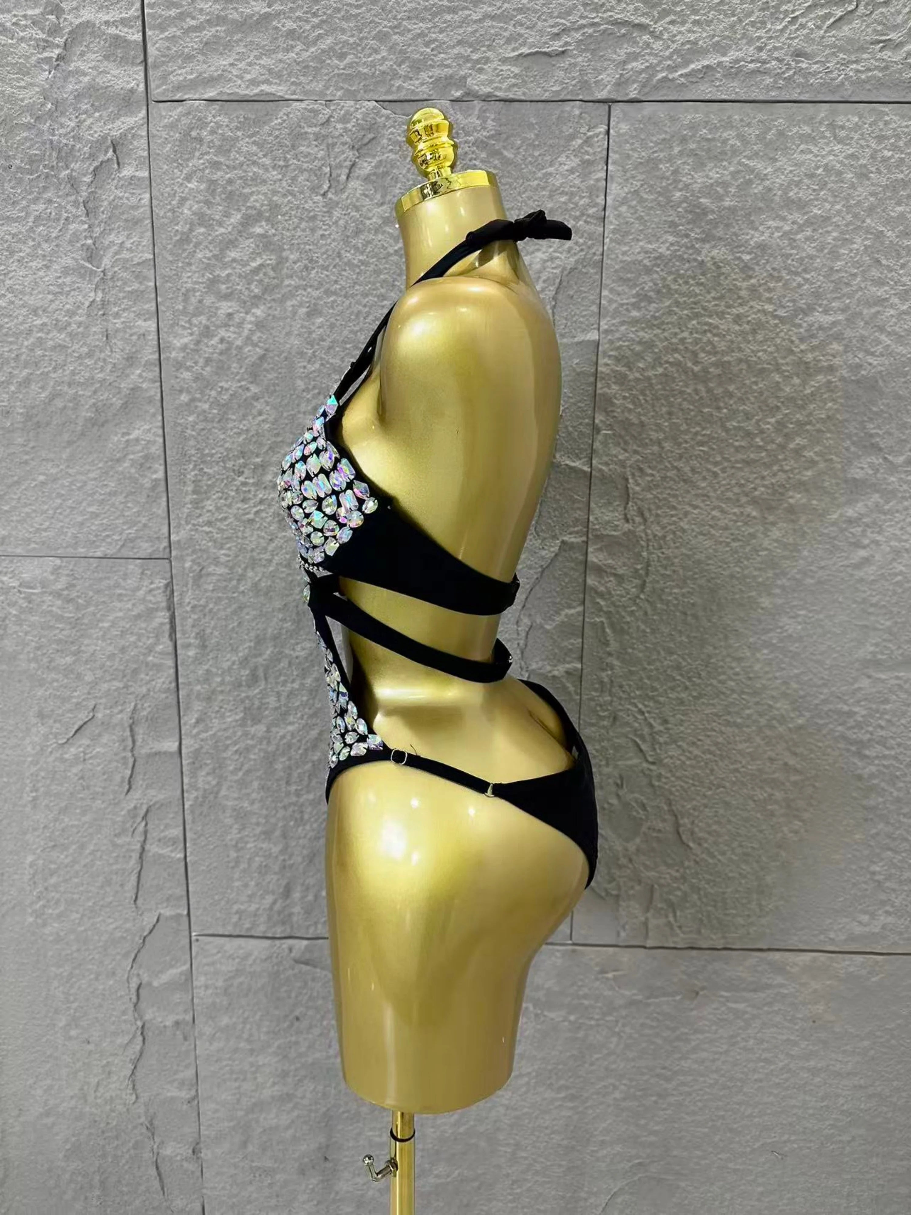 2026 Luxurious Black Bodysuit Women Sexy Halter Neck Iridescent Crystal Embellished Cutout Outfit Stage Performance Costume
