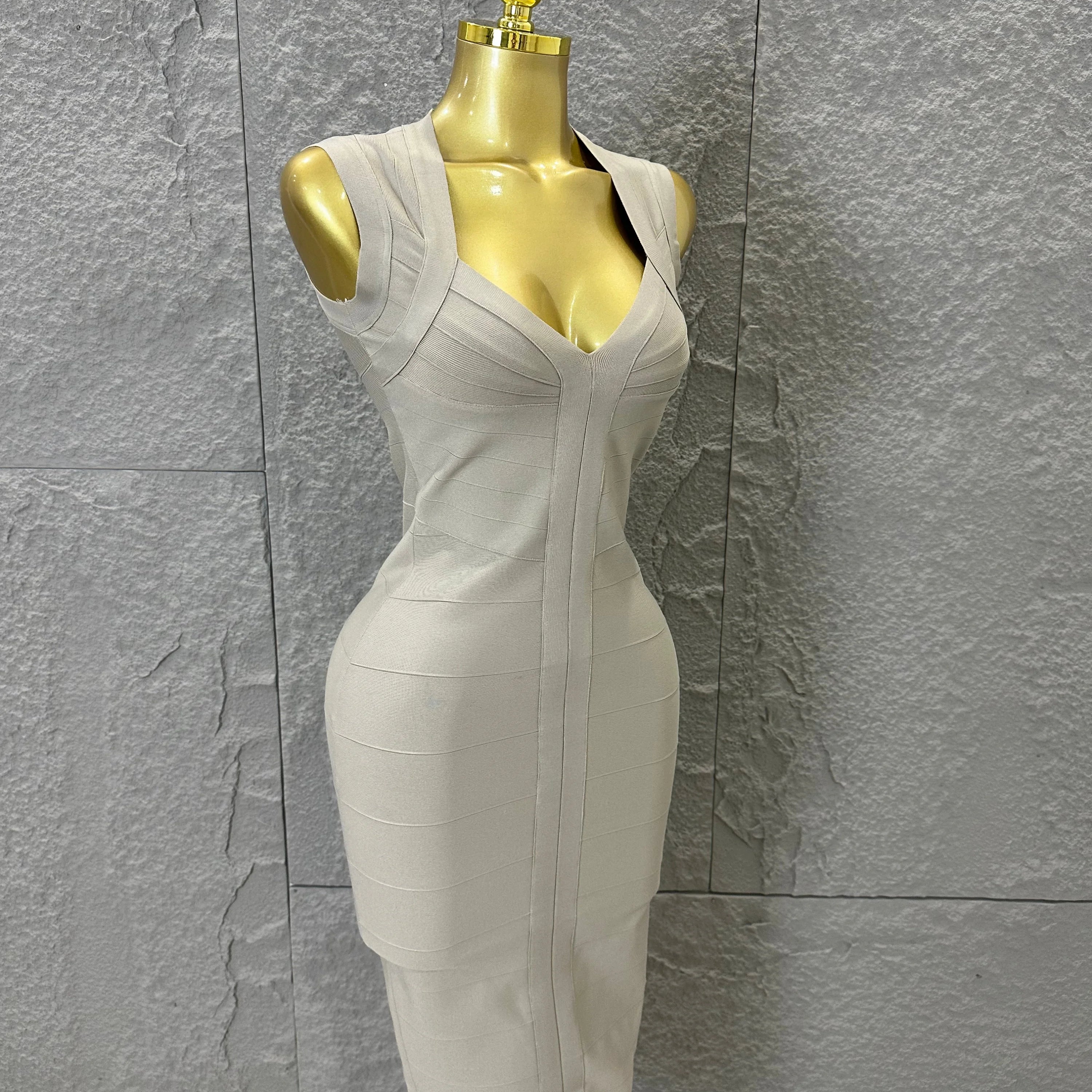 2026 Elegant Beige Bandage Midi Dress Women Sleeveless Deep V Neck Bodycon Cocktail Party Evening Gown Formal Event Wear