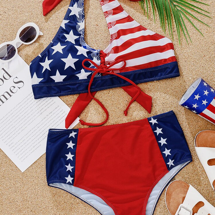 Women Lace Up Bikini Set Cutout Two Piece Swimsuit High Waist US Flag Swimwear Sexy Halter Beachwear 2024 New Bathing Suit