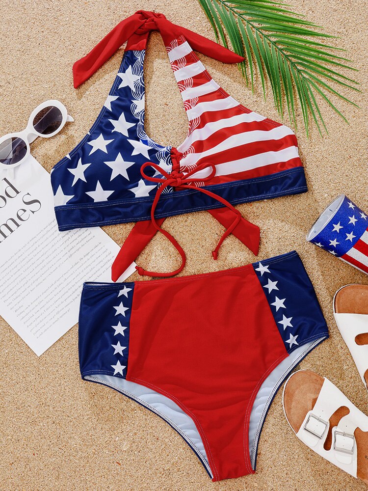 Women Lace Up Bikini Set Cutout Two Piece Swimsuit High Waist US Flag Swimwear Sexy Halter Beachwear 2024 New Bathing Suit