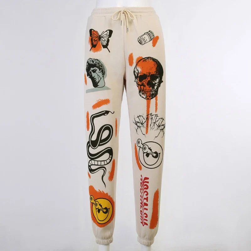 Women Sweatpants Joggers Y2K Harajuku Cartoon Skull Printed Streetwear Sweatpants Pants Casual High Waist Sweatpants 2022 Winter CL4113-White