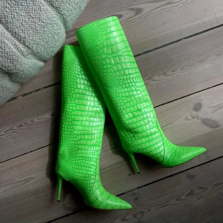 Size 43 Women Sexy Pattern Knee High Boots 2022 Autumn High-heel Pointed Toe Women's Shoes Black Green