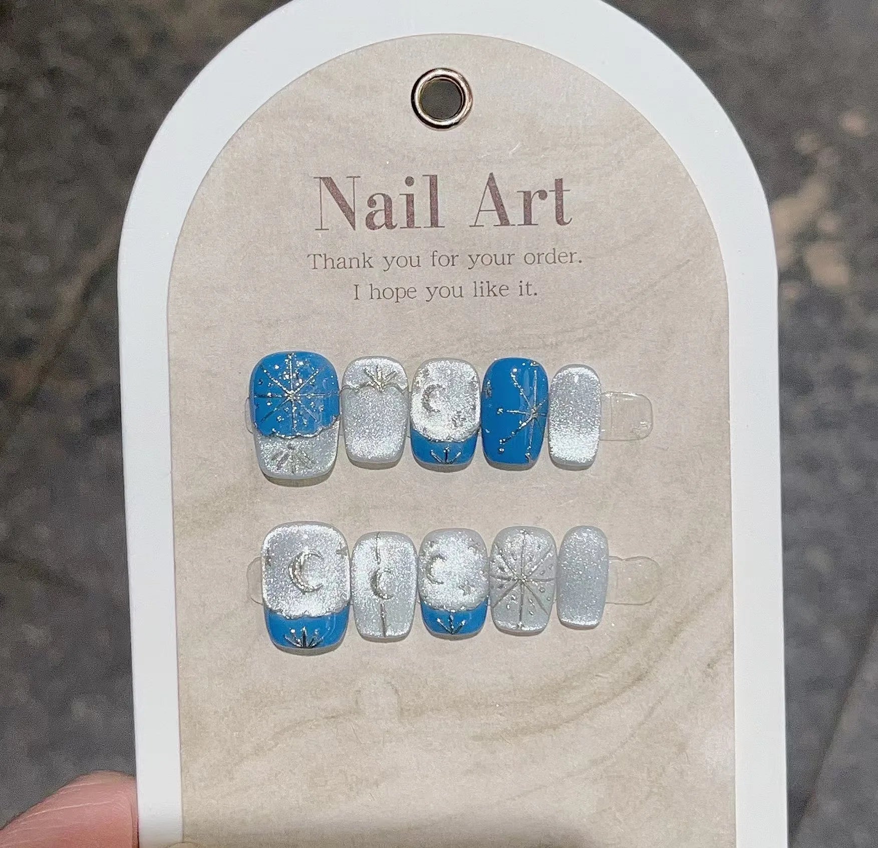 10Pcs Retro Bohemian Manicure Art Full Cover Gold Star Moon Design Cool Fake Nails Detachable Handmade Blue Ballet Fashion Nails