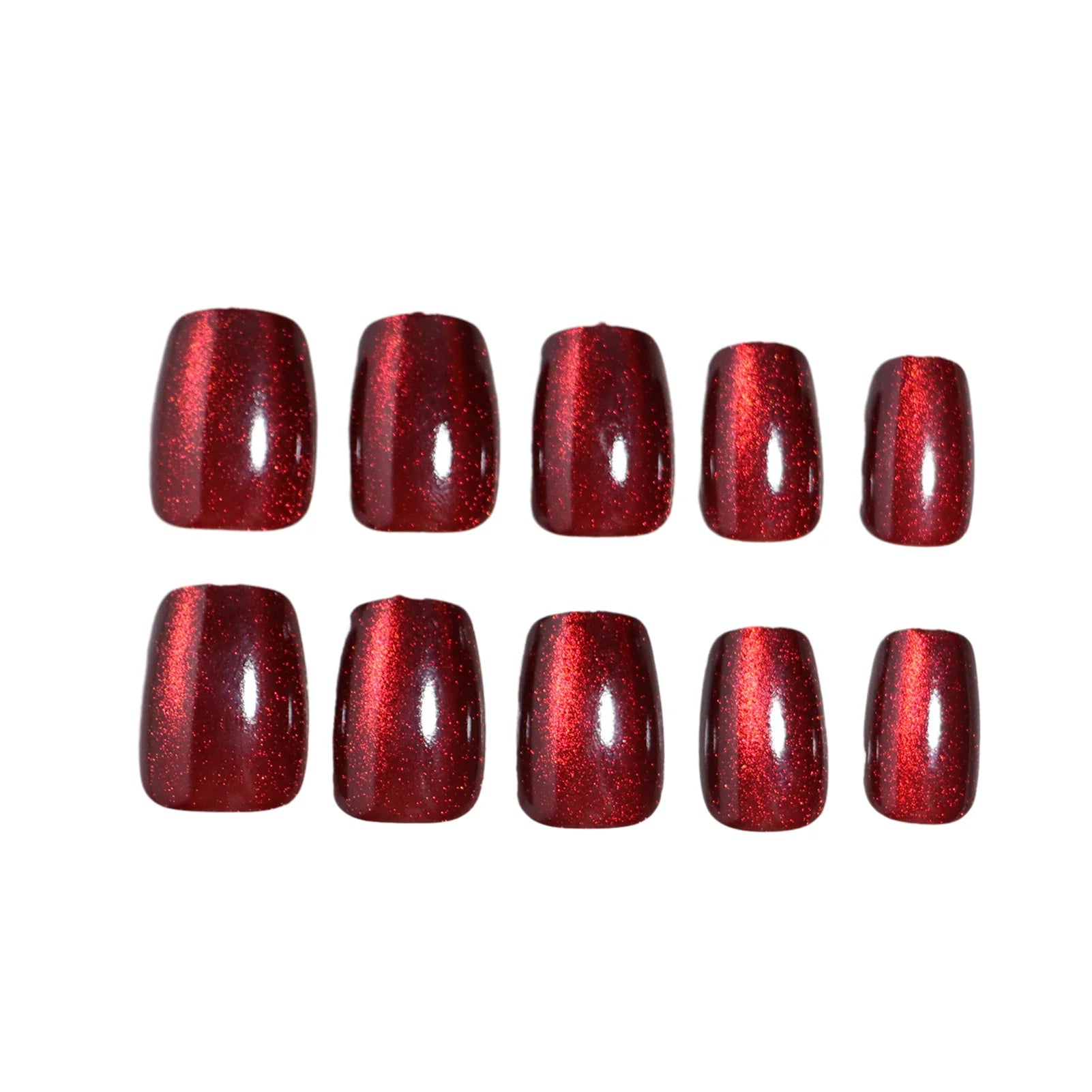Red Short Square Fake Nails 30Pcs Glossy Cat's Eyes Press On Nails Women Girls New Year Party Charm Manicure Christmas Nails Art