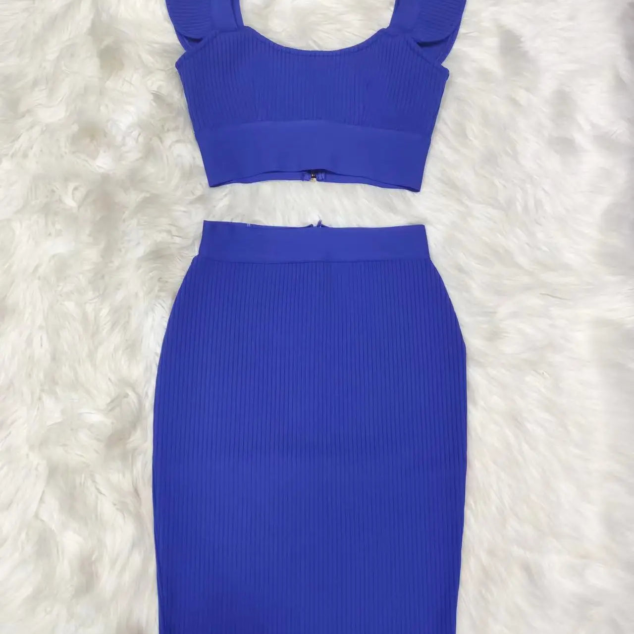 2024 New Style Sexy Fashion Pink Black Red Bodycon Rayon Two Pieces Bandage Dress Two Pieces & Skirt Set Blue